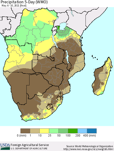 Southern Africa Precipitation 5-Day (WMO) Thematic Map For 5/6/2021 - 5/10/2021