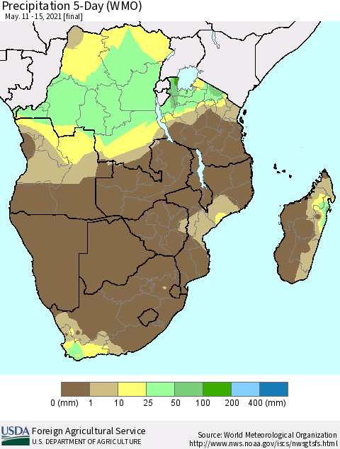 Southern Africa Precipitation 5-Day (WMO) Thematic Map For 5/11/2021 - 5/15/2021