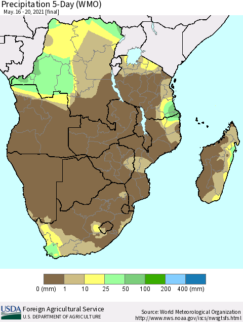 Southern Africa Precipitation 5-Day (WMO) Thematic Map For 5/16/2021 - 5/20/2021