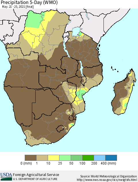 Southern Africa Precipitation 5-Day (WMO) Thematic Map For 5/21/2021 - 5/25/2021