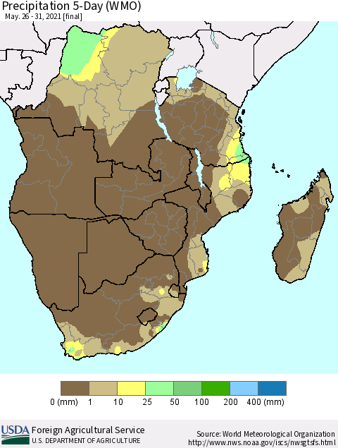 Southern Africa Precipitation 5-Day (WMO) Thematic Map For 5/26/2021 - 5/31/2021