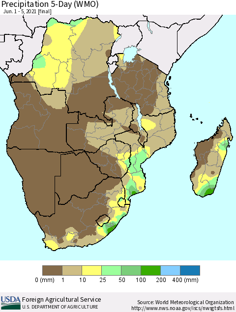 Southern Africa Precipitation 5-Day (WMO) Thematic Map For 6/1/2021 - 6/5/2021