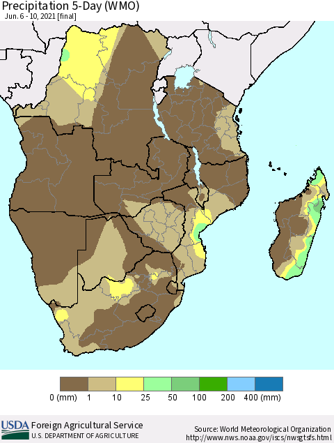 Southern Africa Precipitation 5-Day (WMO) Thematic Map For 6/6/2021 - 6/10/2021