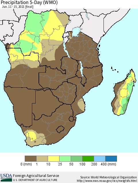 Southern Africa Precipitation 5-Day (WMO) Thematic Map For 6/11/2021 - 6/15/2021
