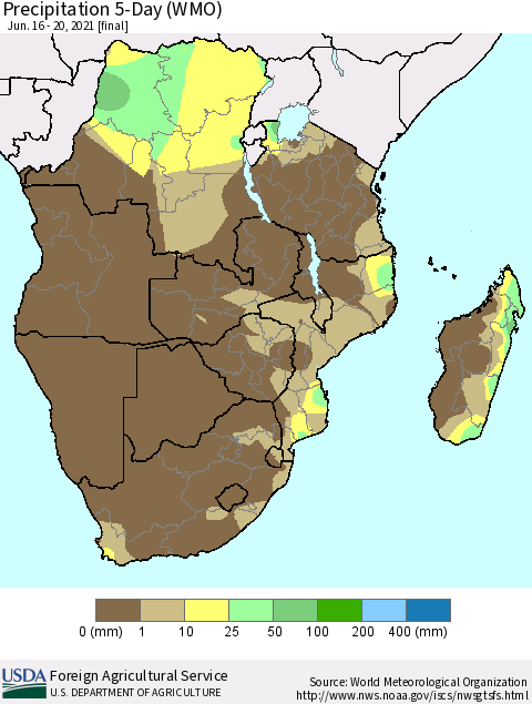 Southern Africa Precipitation 5-Day (WMO) Thematic Map For 6/16/2021 - 6/20/2021