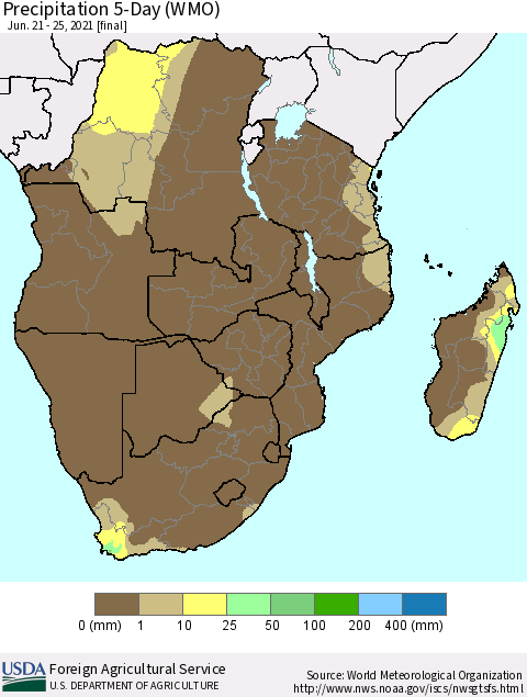 Southern Africa Precipitation 5-Day (WMO) Thematic Map For 6/21/2021 - 6/25/2021