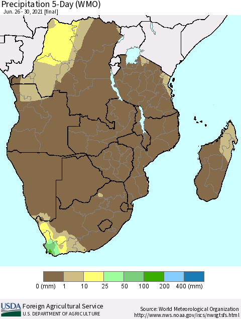 Southern Africa Precipitation 5-Day (WMO) Thematic Map For 6/26/2021 - 6/30/2021