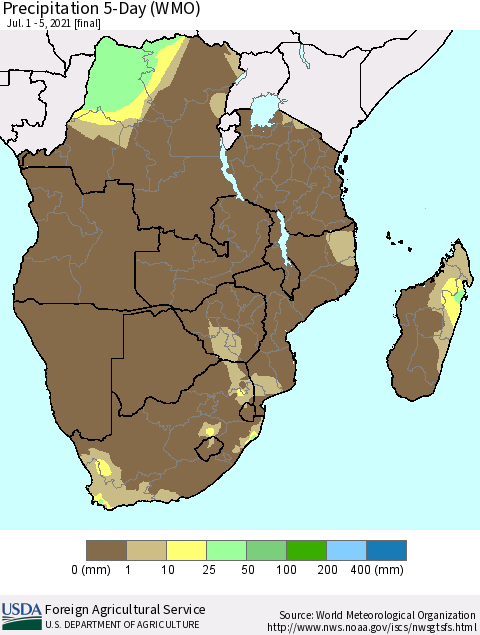 Southern Africa Precipitation 5-Day (WMO) Thematic Map For 7/1/2021 - 7/5/2021