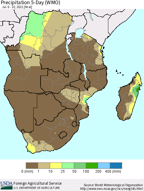 Southern Africa Precipitation 5-Day (WMO) Thematic Map For 7/6/2021 - 7/10/2021