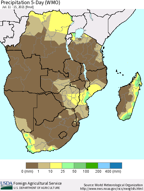 Southern Africa Precipitation 5-Day (WMO) Thematic Map For 7/11/2021 - 7/15/2021