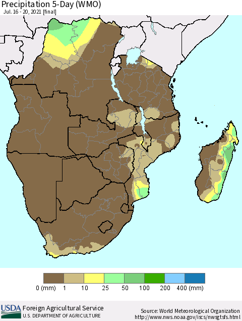 Southern Africa Precipitation 5-Day (WMO) Thematic Map For 7/16/2021 - 7/20/2021
