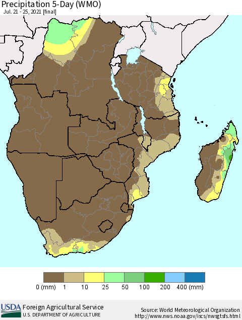 Southern Africa Precipitation 5-Day (WMO) Thematic Map For 7/21/2021 - 7/25/2021