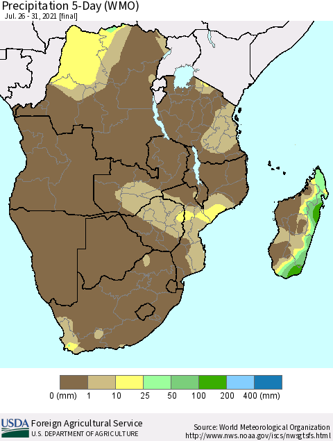 Southern Africa Precipitation 5-Day (WMO) Thematic Map For 7/26/2021 - 7/31/2021