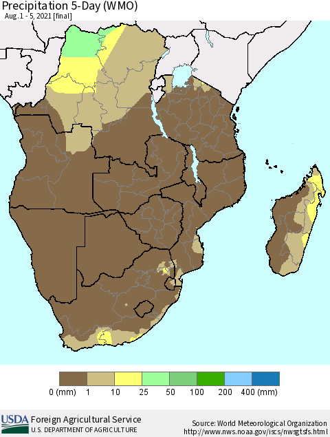 Southern Africa Precipitation 5-Day (WMO) Thematic Map For 8/1/2021 - 8/5/2021