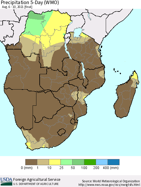 Southern Africa Precipitation 5-Day (WMO) Thematic Map For 8/6/2021 - 8/10/2021