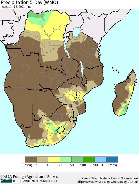 Southern Africa Precipitation 5-Day (WMO) Thematic Map For 8/11/2021 - 8/15/2021