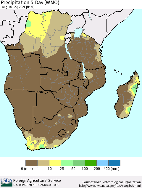Southern Africa Precipitation 5-Day (WMO) Thematic Map For 8/16/2021 - 8/20/2021