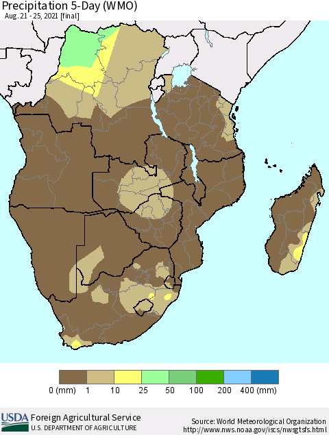 Southern Africa Precipitation 5-Day (WMO) Thematic Map For 8/21/2021 - 8/25/2021