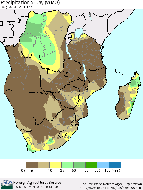 Southern Africa Precipitation 5-Day (WMO) Thematic Map For 8/26/2021 - 8/31/2021