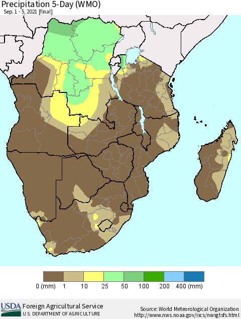 Southern Africa Precipitation 5-Day (WMO) Thematic Map For 9/1/2021 - 9/5/2021