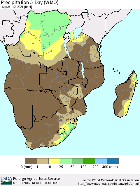 Southern Africa Precipitation 5-Day (WMO) Thematic Map For 9/6/2021 - 9/10/2021