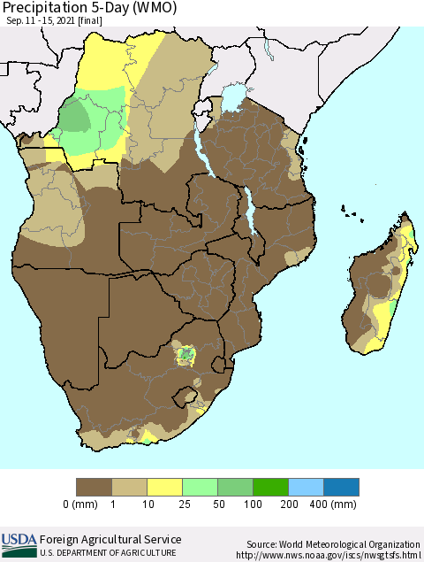 Southern Africa Precipitation 5-Day (WMO) Thematic Map For 9/11/2021 - 9/15/2021