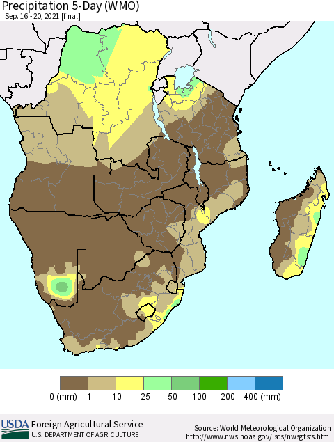 Southern Africa Precipitation 5-Day (WMO) Thematic Map For 9/16/2021 - 9/20/2021