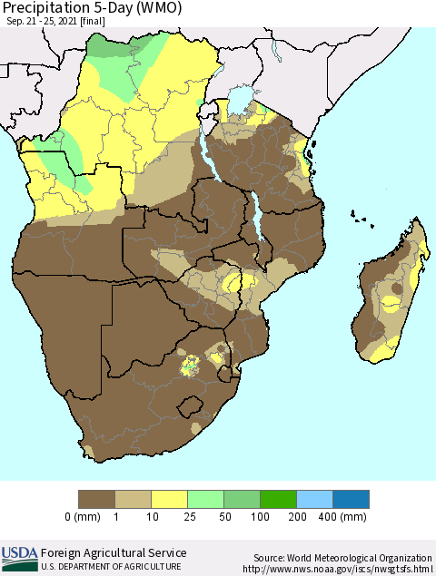 Southern Africa Precipitation 5-Day (WMO) Thematic Map For 9/21/2021 - 9/25/2021