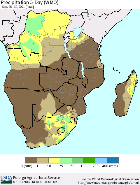 Southern Africa Precipitation 5-Day (WMO) Thematic Map For 9/26/2021 - 9/30/2021