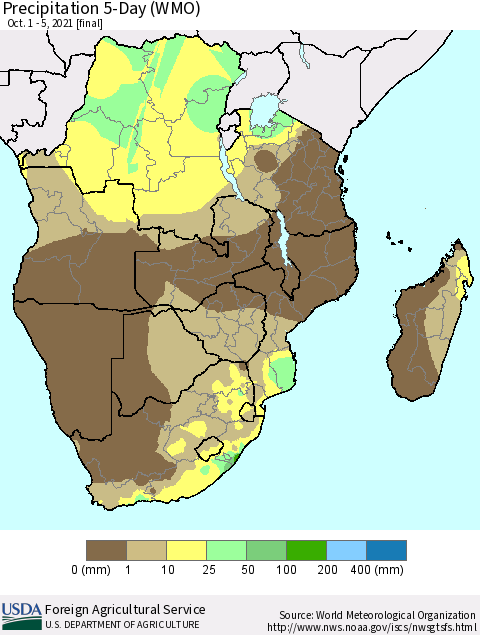 Southern Africa Precipitation 5-Day (WMO) Thematic Map For 10/1/2021 - 10/5/2021