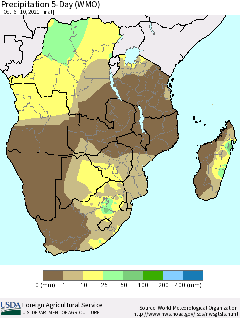 Southern Africa Precipitation 5-Day (WMO) Thematic Map For 10/6/2021 - 10/10/2021
