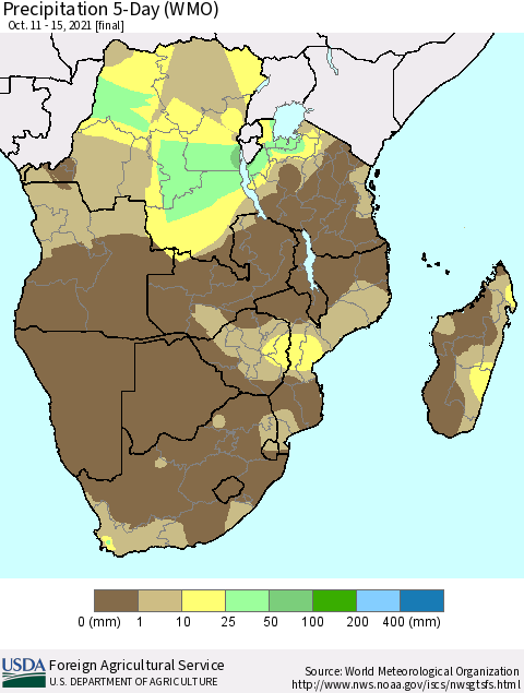 Southern Africa Precipitation 5-Day (WMO) Thematic Map For 10/11/2021 - 10/15/2021