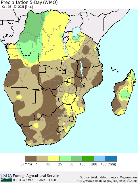 Southern Africa Precipitation 5-Day (WMO) Thematic Map For 10/16/2021 - 10/20/2021