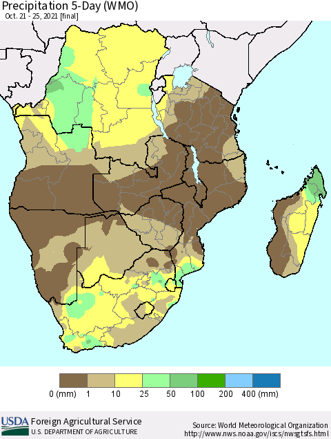 Southern Africa Precipitation 5-Day (WMO) Thematic Map For 10/21/2021 - 10/25/2021
