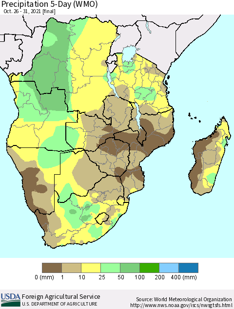 Southern Africa Precipitation 5-Day (WMO) Thematic Map For 10/26/2021 - 10/31/2021