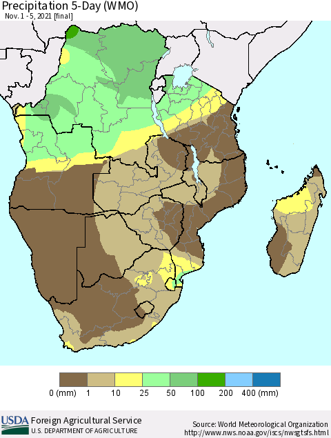 Southern Africa Precipitation 5-Day (WMO) Thematic Map For 11/1/2021 - 11/5/2021