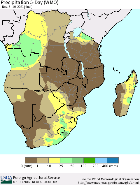 Southern Africa Precipitation 5-Day (WMO) Thematic Map For 11/6/2021 - 11/10/2021