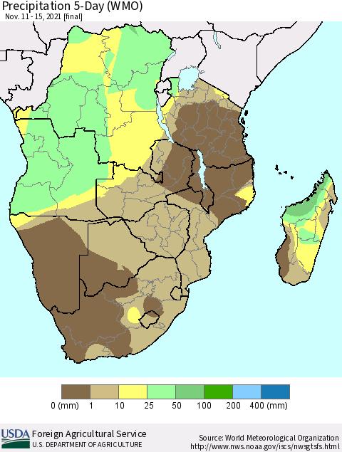 Southern Africa Precipitation 5-Day (WMO) Thematic Map For 11/11/2021 - 11/15/2021