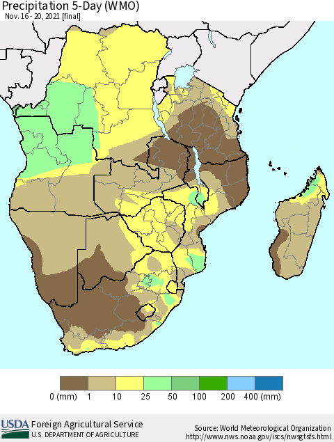 Southern Africa Precipitation 5-Day (WMO) Thematic Map For 11/16/2021 - 11/20/2021
