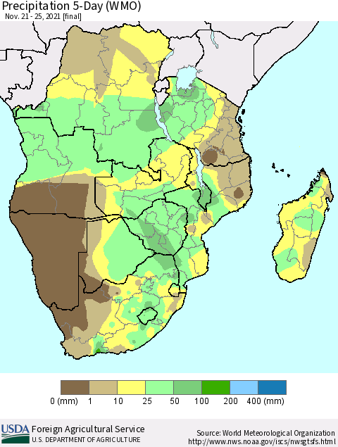 Southern Africa Precipitation 5-Day (WMO) Thematic Map For 11/21/2021 - 11/25/2021