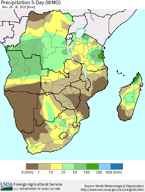 Southern Africa Precipitation 5-Day (WMO) Thematic Map For 11/26/2021 - 11/30/2021