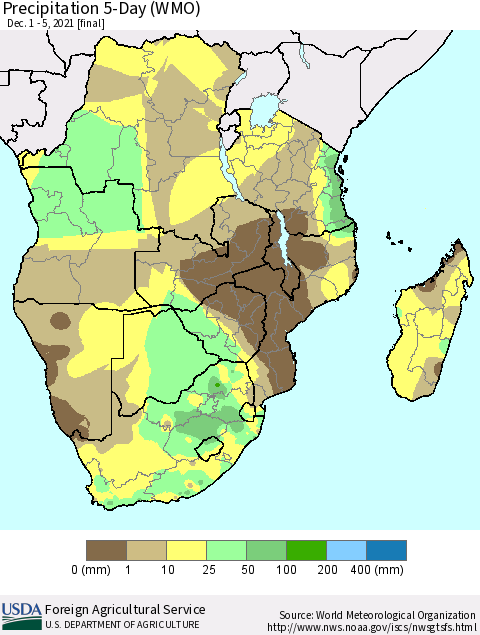 Southern Africa Precipitation 5-Day (WMO) Thematic Map For 12/1/2021 - 12/5/2021