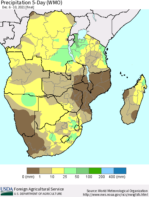 Southern Africa Precipitation 5-Day (WMO) Thematic Map For 12/6/2021 - 12/10/2021