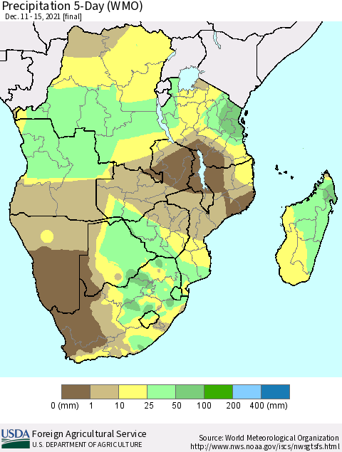 Southern Africa Precipitation 5-Day (WMO) Thematic Map For 12/11/2021 - 12/15/2021
