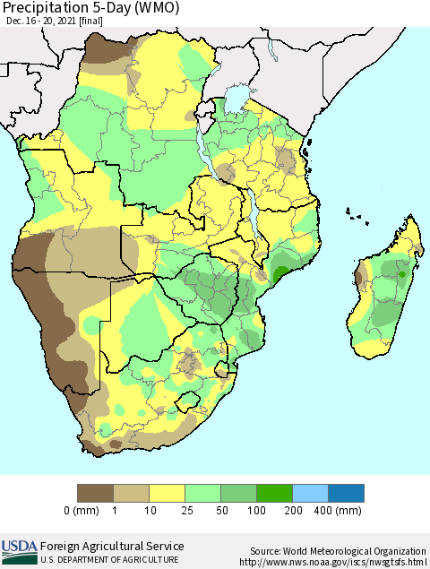 Southern Africa Precipitation 5-Day (WMO) Thematic Map For 12/16/2021 - 12/20/2021