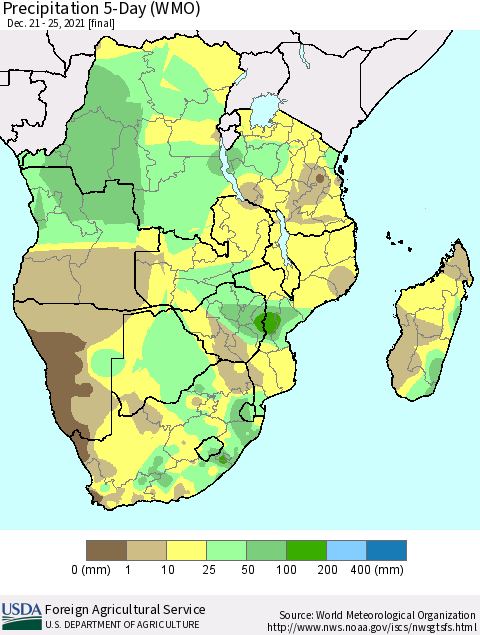Southern Africa Precipitation 5-Day (WMO) Thematic Map For 12/21/2021 - 12/25/2021