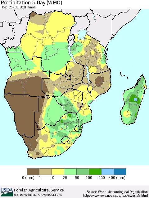 Southern Africa Precipitation 5-Day (WMO) Thematic Map For 12/26/2021 - 12/31/2021