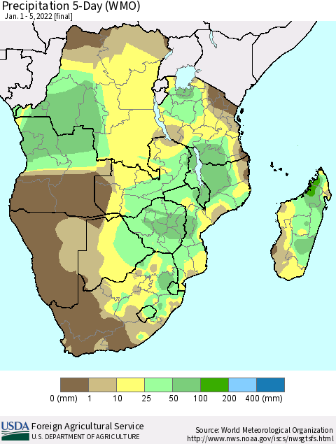 Southern Africa Precipitation 5-Day (WMO) Thematic Map For 1/1/2022 - 1/5/2022