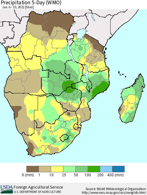 Southern Africa Precipitation 5-Day (WMO) Thematic Map For 1/6/2022 - 1/10/2022