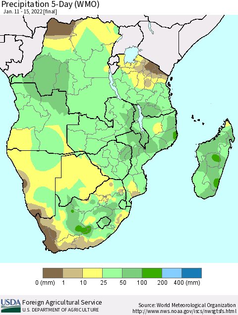 Southern Africa Precipitation 5-Day (WMO) Thematic Map For 1/11/2022 - 1/15/2022
